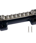 2 Pack Power Distribution Block 4 Inch Bus Bar 150 Amp 12 Volt System Crafted From Nickel Plated Brass And Rugged Abs Body Ships Complete With M6 Sockets Plus M4 Screws For Car Audio Solar And Truck Jobs Made To Last Forever - close-up of bus bar with screws included.