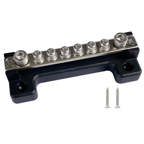 2 Pack Power Distribution Block 4 Inch Bus Bar 150 Amp 12 Volt System Crafted From Nickel Plated Brass And Rugged Abs Body Ships Complete With M6 Sockets Plus M4 Screws For Car Audio Solar And Truck Jobs Made To Last Forever - close-up of bus bar with screws included.