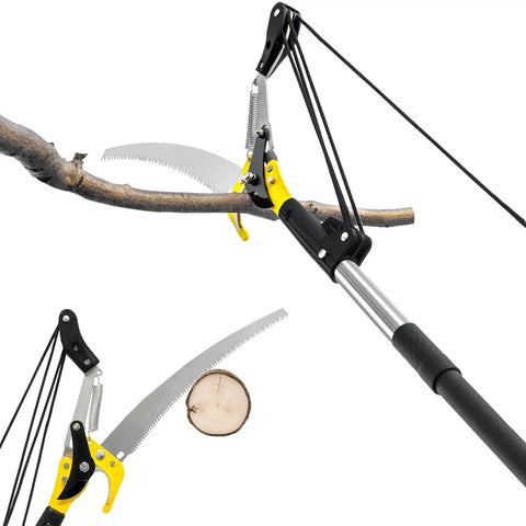 14.5Ft Pole Saw And Pruner 2-In-1 Extendable Long Handle Tree Trimmer in action, cutting a high tree limb