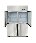 Go-To Commercial Upright Freezer Fridge, Slick Stainless Steel Four Door Cold Storage Cabinet with open doors and shelves.
