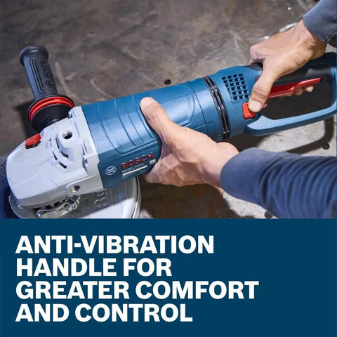 Hands holding GWS25-230JR 9 Inch Large Angle Grinder showing anti-vibration handle feature.