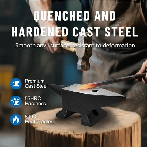 Heavy Duty Blacksmith Anvil With Round And Square Holes Cast Steel Forge Tool in use, showing sturdy construction on wooden base