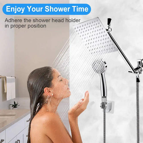 Woman enjoying shower from 8 Inch High Pressure Rainfall Shower Head and Handheld Combo With 11 Inch Extension Arm No Leak Chrome Shower Set