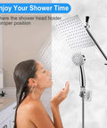 Person enjoying 12 Inch Rainfall Shower Head And Handheld Combo With 11 Inch Extension Arm High Pressure Water Flow Chrome Finish