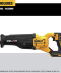 Heavy Duty Cordless Reciprocating Saw With Flexvolt Power And One Point One Two Inch Strokes For Fast Demolition Jobs Totally No Sweat Quick Blade Swaps Tool Only side view with black and yellow design.