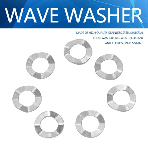 Heavy Duty Wave Spring Washers M8 50 Pack Stainless Steel Anti Loosening Hardware Built Tough For Shaky Rigs Auto Parts Precision Crafted Shock Absorbing Locking Rings shown in a circle arrangement.