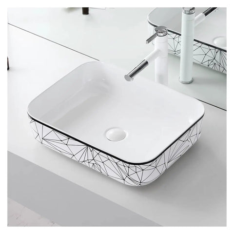 USZWBY Vessel Sinks Nordic Household Wash Basin Modern Above Counter Single Art Ceramic Bathroom Balcony Bowl Sink with geometric design.