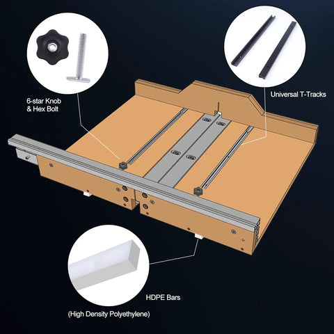 Table Saw Crosscut Sled Kit With Two Uhmw Miter Bars And Aluminum Tracks Pre Drilled Design showing HDPE Bars and T-Tracks.