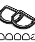 10 Pack Small D Ring Carabiner Clips Set in gun black finish, showing various angles of the metal spring D rings keychain hooks.