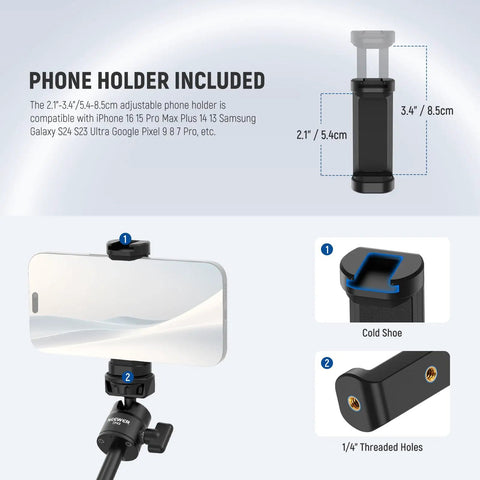 Tiny But Mighty Mini Desk Selfie Stick Tripod phone holder features adjustable clamp, cold shoe, and threaded holes.