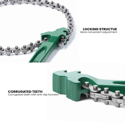 Green Beefy 15 Inch Heavy Duty Chain Wrench for Semi Trucks with corrugated teeth and locking structure visible, adjustable spanner.