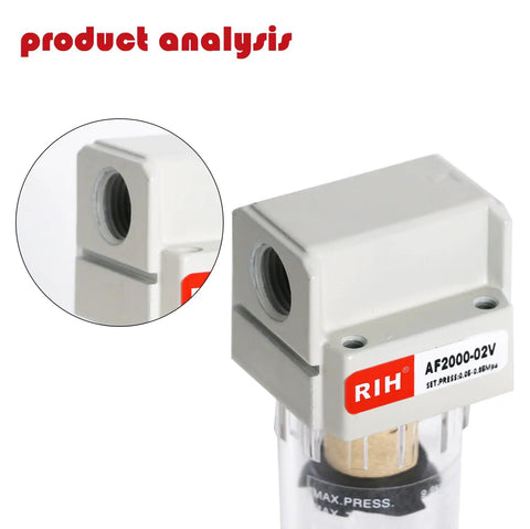Close-up of 1/4 Inch NPT Air Dryer And Water Separator For Your Compressor With Manual Drain 5 Micron Brass Filter Element Poly Bowl