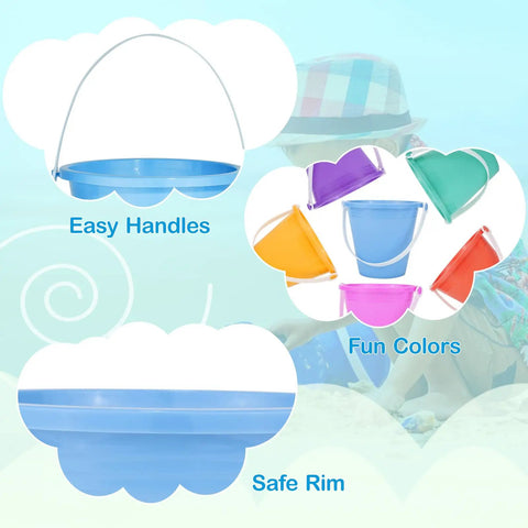 Collage of 12 Pack 5 Inch Beach Buckets With Shovels Set For Kids showing colors, handles and rims.