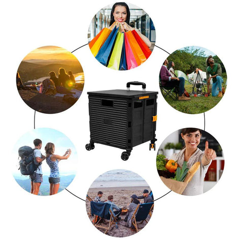 FELICON SELORSS foldable utility cart, black heavy-duty plastic with telescoping handle and four rotating wheels.
