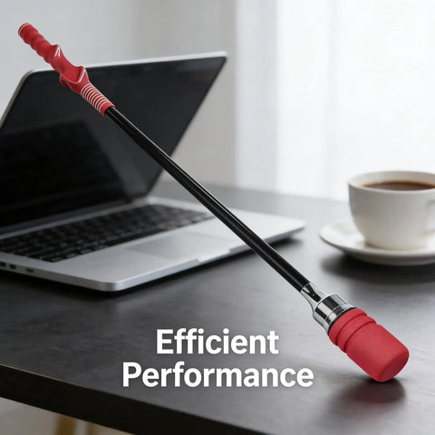 Tempo And Grip Golf Swing Trainer Right Handed With Click Feedback For Rhythm And Power on a desk near laptop and cup