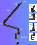 Badass Low Profile Microphone Boom Arm Stand For Gaming Streaming Podcasting With Smooth Swivel And Anti Vibration Cushion Mount showing 360 degree rotation features.