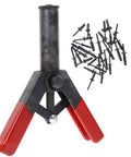 Check Out This Awesome Cabilock Mini Rivet Gun Set Manual Tool Kit For Serious DIYers Who Need A Durable Riveter Machine That Sets Rivnuts Perfectly In One Quick Stroke With Its Ergonomic Design. Manual rivet gun with red handles and black rivets on white background.