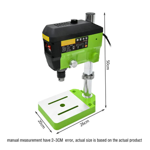 Hot Power 680W Mini Workbench Drill Press Machine For Wood Metal And Plastic on a sturdy green base with a 20cm x 26cm platform.