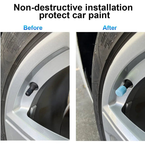 Comparison of tire before and after installing Glow In The Dark Tire Valve Caps Pack Of 12 For Cars, Trucks, SUVs, Motorcycles And Bikes