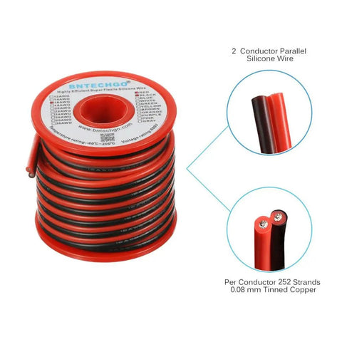 Ultra Flexible 16 Gauge 2 Conductor Silicone Wire Spool Red And Black For LED Strip Extension Cable 25 Feet High Temperature 200 Degree C 600 Volt With Tinned Copper