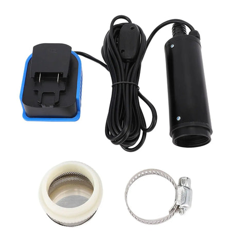 Slick Mini Sump Pump Hella Compact Battery Powered Submersible Water Drainage Unit components including pump, charger, mesh filter, and clamp.
