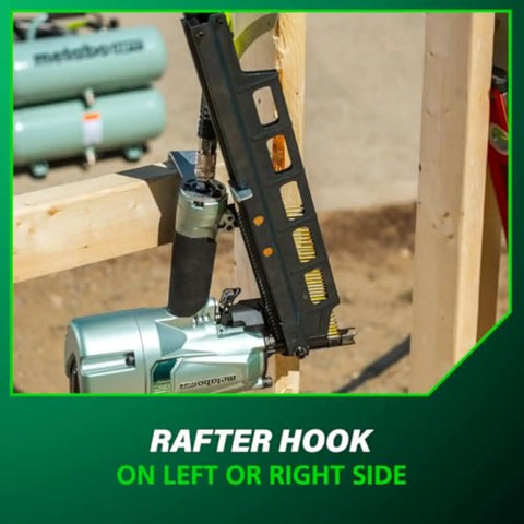 Close-up of Pro Preferred Framing Nailer with plastic collated nails on wood, showing adjustable rafter hook feature.