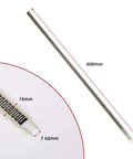 SF15-600 thin-film pressure sensor strip, 600mm long, 15mm wide; front view with two-lead terminals.