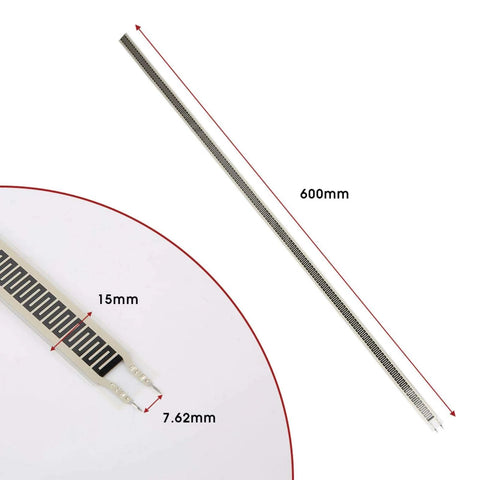 SF15-600 thin-film pressure sensor strip, 600mm long, 15mm wide; front view with two-lead terminals.