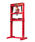 Heavy Duty 12 Ton Hydraulic Shop Press Beefy H Frame Design With Adjustable Work Table For Home Garage Mechanics in red steel.