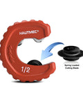 Pro Half Inch Automatic Copper Tube Cutter From HAUTMEC For Copper Aluminum Brass Tubing And Thin Wall Conduit With Half Inch Nominal Pipe Capacity Delivers Smooth Burr Free Cuts And Easy In Tight Spaces HT0215PL, showing red cutter with spring-loaded blade.
