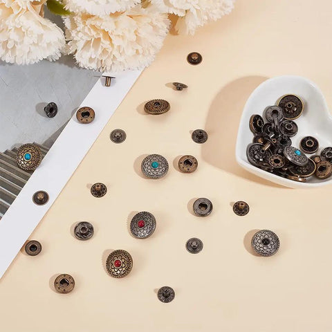 Flower Snap Button Kit With 16 Sets In 8 Styles Vintage Metal Flat Round Floral Fasteners For Sewing DIY Crafts Garment Making Mixed Color Alloy Buttons For Clothes And Decorations, 17 mm