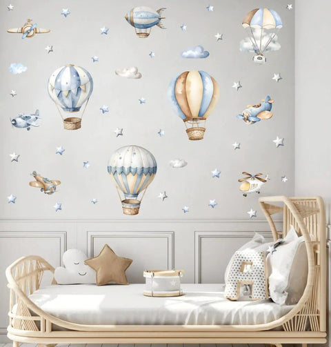 Watercolor Hot Air Balloon Wall Stickers Set With Airplane And Cloud Vinyl Decals Removable DIY Wall Art For Kid Rooms Decor