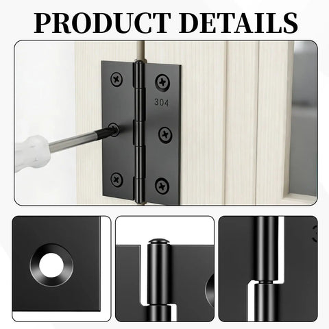 Six 3 Inch Black Door Hinges With 36 Screws Stainless Steel Folding Butt Hinge Kit on a light wood door, close-up view