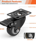 Close-up of a black caster wheel with a locking mechanism for utility carts, part of the 2 Inch Black Mixed Locking And Fixed Casters Set Of 4 With Screws For Garage Workshop Utility Carts And Tool Storage Durable Plate Wheels Built To Roll Smoothly And Lock In Place For Heavy Duty Projects.