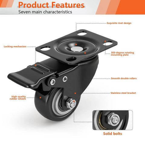 Close-up of a black caster wheel with a locking mechanism for utility carts, part of the 2 Inch Black Mixed Locking And Fixed Casters Set Of 4 With Screws For Garage Workshop Utility Carts And Tool Storage Durable Plate Wheels Built To Roll Smoothly And Lock In Place For Heavy Duty Projects.