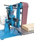 Heavy Duty Vertical Horizontal Belt Grinder Sander With Dual Mode Usage on a blue base, showcasing the 1100W motor and sanding belt.