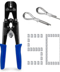 Wire Rope Crimping Tool Kit For Fishing And Rigging, Pro Grade Heavy Duty Crimper And Cutter, Four Crimp Positions From Three Sixty Fourth Inch To One Eighth Inch, Made For Aluminum Oval Sleeves And Double Sleeves with blue handles and metal sleeves on display.