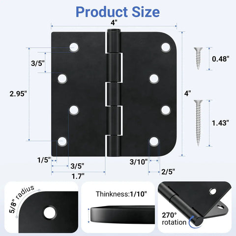 Six Pack Matte Black 4 Inch Door Hinges Heavy Duty Iron Exterior Interior With 5/8 Radius And Square Corners Removable Pin Product Size
