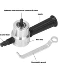 Electric Double Head Metal Sheet Nibbler Cutter with handle and wrench for aluminum, stainless steel, copper, and iron cutting.