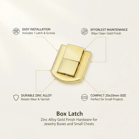 Gold Box Latch Closure For Jewelry Boxes, Craft Chests, And Small Containers, Zinc Alloy Hardware 25x20mm