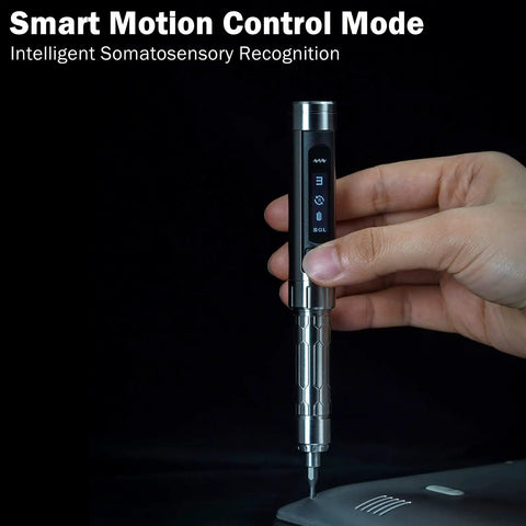 Person holding ES15 Mini Electric Screwdriver With Rechargeable Battery, OLED display showing smart motion control on black background.