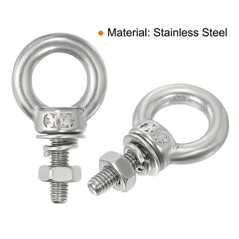 Heavy Duty Stainless Steel Eye Bolts Set, M3x9 Threaded Eye Bolts 1/8 x 7/20 Inches, showing two eye bolts with nuts and washers