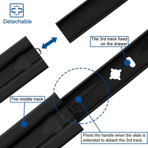 32 Inch Matte Black Heavy Duty Drawer Slides One Pair Rust Resistant Cabinet Glides showing detachable tracks for easy installation.