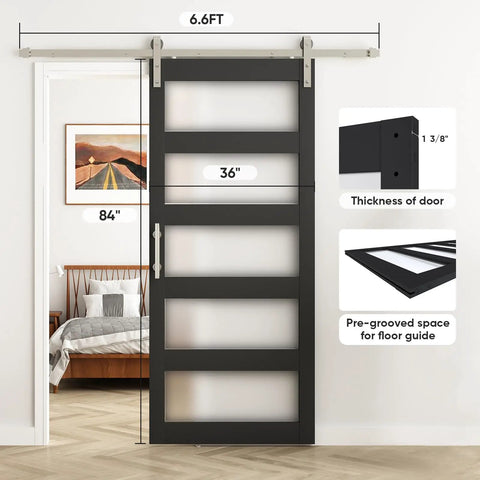 Built Like A Tank 36 By 84 Inch Glass Barn Door With Frosted Tempered Panes features seamless track in a modern room.