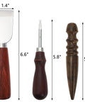 Close-up of a skiving knife, 1.0mm edge beveler, and burnisher from Six Piece Leather Edge Tool Kit for crafting projects.