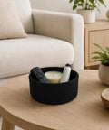 Super Handy Small Woven Cotton Rope Basket For Versatile Home Organization Black Storage Bin For Remotes Keys And Household Gear That Keeps Your Place Real Cool And Neat Daily with remote and candle on wooden table.