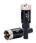 Two 3/4-inch diamond-tipped tile hole saws with pilot bits, black metal bodies, 2pc set