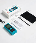 Green Laser Distance Meter With 328 Feet Range, USB Type C Rechargeable Battery, Ultra Accurate To One Sixteenth Inch, Electronic Level, Ten Measurement Modes, Class II Laser, Reflector Plate LD100 in box with case, cable, and manual
