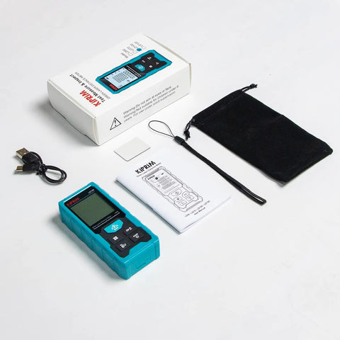 Green Laser Distance Meter With 328 Feet Range, USB Type C Rechargeable Battery, Ultra Accurate To One Sixteenth Inch, Electronic Level, Ten Measurement Modes, Class II Laser, Reflector Plate LD100 in box with case, cable, and manual