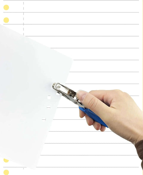 Hand holding Two Pack One Quarter Inch Circle Hole Punches Handy Handheld Paper Punch for scrapbooks with blue handle in use